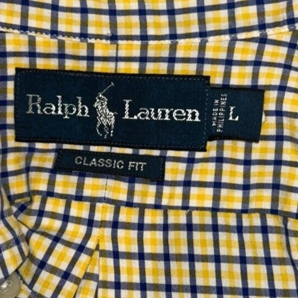 Polo Ralph Lauren Shirt Large Men's Yellow Navy‎ Check Classic Fit Button Down